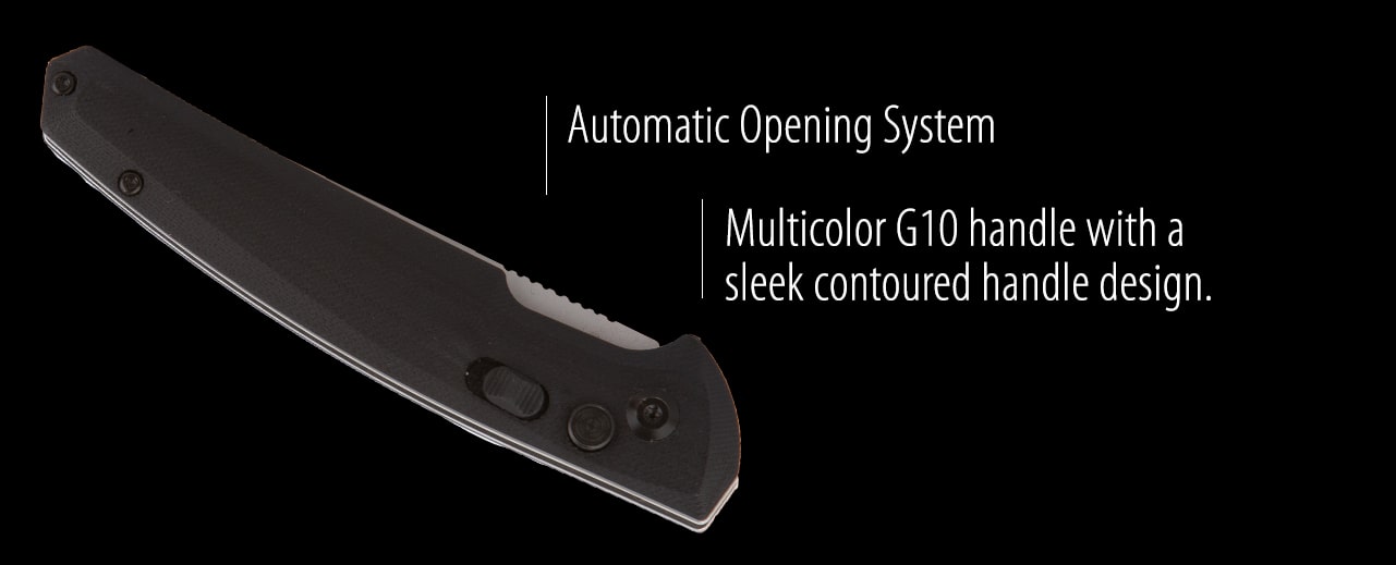 side view of closed glaive knife showing auto opening system and contoured handle
