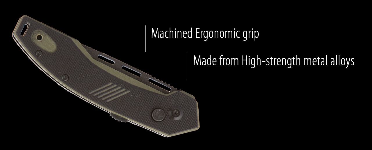 side view of scorch knife showing ergonomic grip and high strength metal alloys