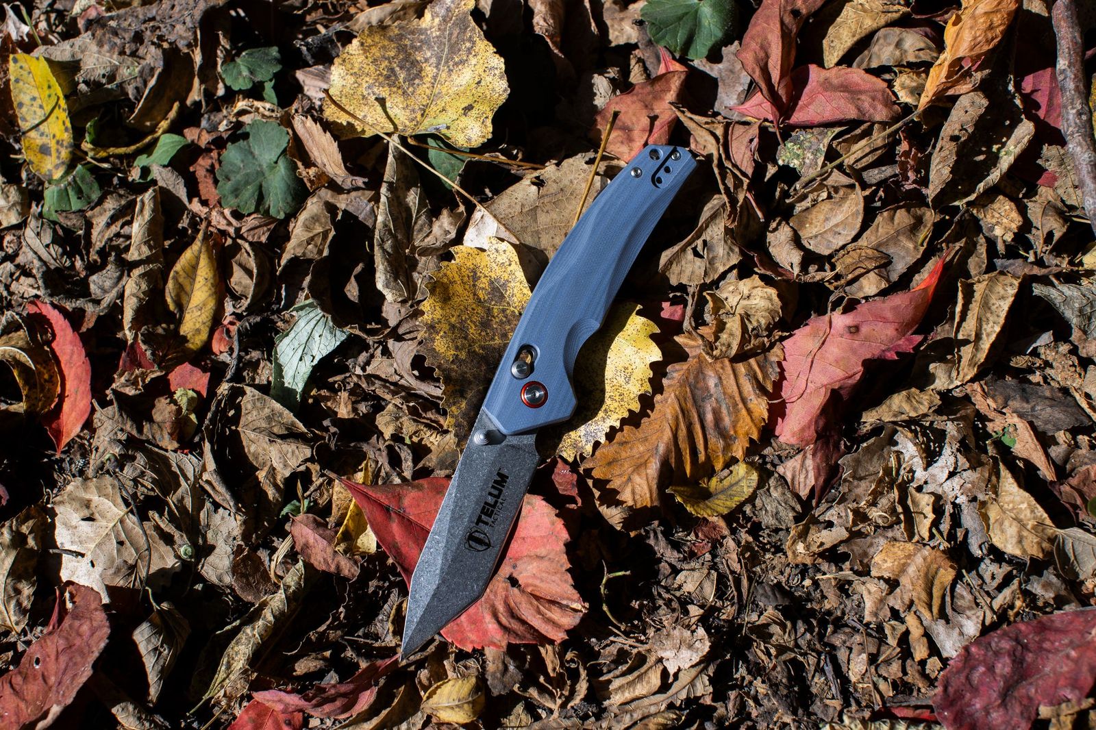 telum folding knife in leaves